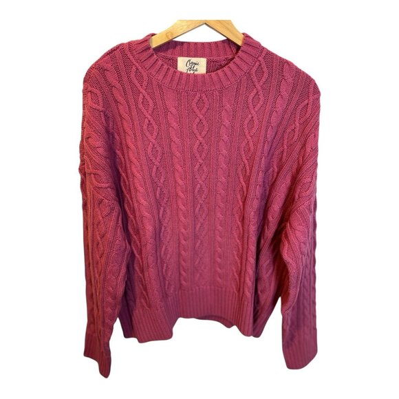 Cosmic Blue Love Sweater Pink Rose Cable Knit Sweater Large Crew Neck Preppy NWT - Picture 2 of 8